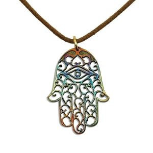Small Hamsa Iridescent Pendant Necklace on Adjustable Natural Fiber Cord