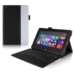 Manvex Slim and Compact Leather Folio Case Cover for the Microsoft Surface PRO Tablet with Windows 8 | Built-in Stand with Multiple Viewing Angles with Stylus Holder - Also compatible with the Type Cover and Touch Cover from Microsoft (Keyboard NOT included) - Black/Gray