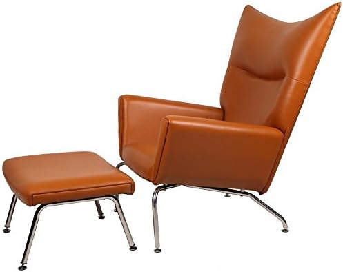 MCM Hans J Wegner Style Wing Chair and Ottoman Pavilion Stool(Brown),High Quality Aniline Leather with Stainless Steel Frame,Modern Classic Design