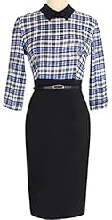 Cotton Sheath Plaid Print Fitted Belted Bodycon Dress/Party Dress 