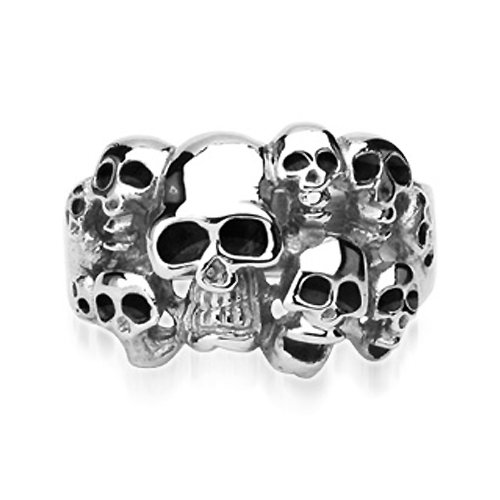 Surgical Stainless Steel Biker Ring with "10 Skulls" of Deferent Sizes all around the Ring - Crazy2Shop