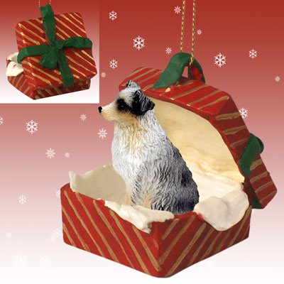 Blue Docked Australian Shepherd Red Gift Box Christmas Ornament