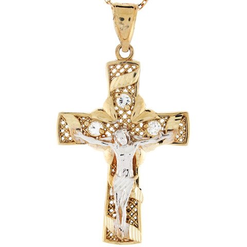 14k Two Tone Gold Cross Crucifix Jesus Religious Christian Catholic CZ Pendant