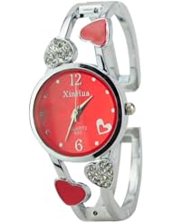 Watch Graceful Rhinestone Heart Round Dial Quartz Bracelet Watch for Ladies-Red
