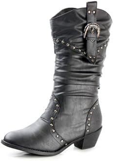 West Blvd Womens Cowboy Boots Casual Western Shoes Chunky Heels Cowgirl Slouch Roper Studded Mid Calf Buckle Slouchy Stud Round Toe Buckled Ruched Dress Fashion Designer Comfort,West-Blvd-Moscow-Cowboy Black Pu 10