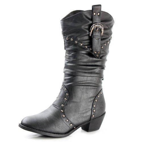West Blvd Womens Cowboy Boots Casual Western Shoes Chunky Heels Cowgirl Slouch Roper Studded Mid Calf Buckle Slouchy Stud Round Toe Buckled Ruched Dress Fashion Designer Comfort,West-Blvd-Moscow-Cowboy Black Pu 10