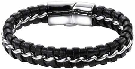 Tingem Mens Stainless Rope Braided Leather Cuff Bangle Bracelet with Magnetic Buckle