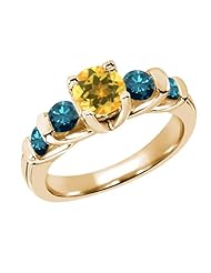 1.58 Ct Round Yellow Citrine Blue Diamond 14K Yellow Gold Ring