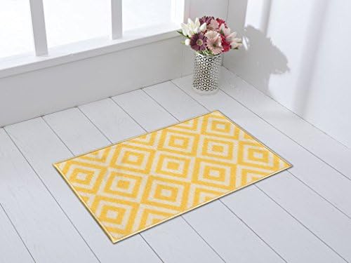 Rubber Backed 18" x31" Trellis Squares Yellow & Ivory Non-Slip Doormat Accent Rug Milldia Milano Collection Area Rugs MIL5009-1X2