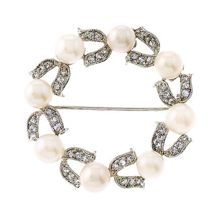 Circle CZ Diamond Faux Pearl Wreath Brooch
