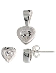 Sterling Silver Matte-finish Heart Earrings (7mm tall) & Pendant (13mm tall) Set, w/ Princess Cut CZ Stones