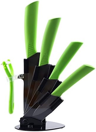 MYVIT Ceramic Knives Set black blade--Include a Peeler, a 3" Pairing Knife 4" Slicing Knife, a 5" Santoku Knife, a 6" Chef Knife and an Acrylic Knife Block Holder (Green)