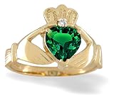14K Yellow Gold Heart Created Emerald and Diamond Celtic Claddagh Ring