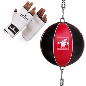 Geniune Cowhide Leather Double End Ball Punching Ball with Elasticated Straps Red Black with foam padded Poly Cotton Inner Gloves Elasticated White Small