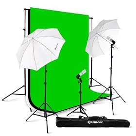 Lumenex Studio 420 Watt Photography Lighting Light Kit + 10' x 10' 100% Cotton Black Muslin Backdrop Background + 10' x 10' 100% Cotton White Muslin Backdrop Background + 10' x 10' 100% Cotton Green Chroma Key Muslin Backdrop Background Photo Portrait Studio 32 Umbrella Continuous Lighting Kit