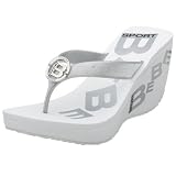 BEBE SPORT Women's Flirty Glitter Thong Wedge,White/Silver,9 M