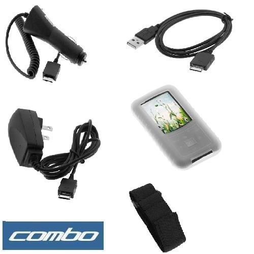 4151TD V%2BeL Clear Durable Soft Rubber Silicone Skin Case + Rapid Car Charger with IC Chip + Home Travel charger + USB Data Cable + ArmBand for Sony Walkman NWZ S615, S616, S618, S716, S718