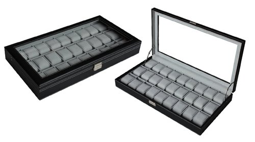27 Piece Black Leatherette Men's Watch Display Case For Oversized Watches 55mm