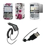 Premium Purple Flowers Design Snap-On Cover Hard Case Cell Phone Protector + Crystal Clear LCD Screen Protector + Rapid Car Charger + USB Data Charge Sync Cable for BlackBerry Curve 8300, 8310, 8320, 8330 [Accessory Export Packaging]