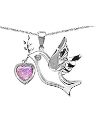 Original Star K (tm) Peace Love Dove Pendant with 7mm Heart Shape Created Pink Opal in 925 Sterling Silver
