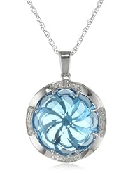 Sterling Silver Windmill Back Plate Swiss-Blue-Topaz Diamond Pendant Necklace (1/10 cttw, I-J Color, I2-I3 Clarity), 18"