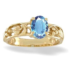 14K Yellow Gold Genuine Oval Blue Topaz Grapevine Ring by Jewels For Me