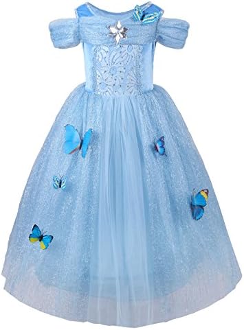 Ohlover Girl's Cinderella Dress Princess Costume With Butterfly (9-10, Blue)