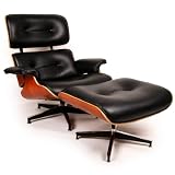 Eames Style Lounge Chair & Ottoman, Black Full Grain Aniline Leather/Cherry Wood