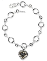 Genuine Sterling Silver & 14K 1 /4 Ct.Black Diamond Heart 8 In Link Bracelet 14.7 Grams Of Gold