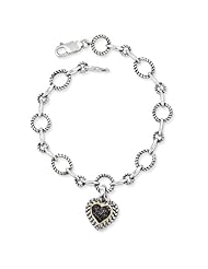 Sterling Silver W/14k 1/4ct. Black Diamond Heart 8in Link Bracelet