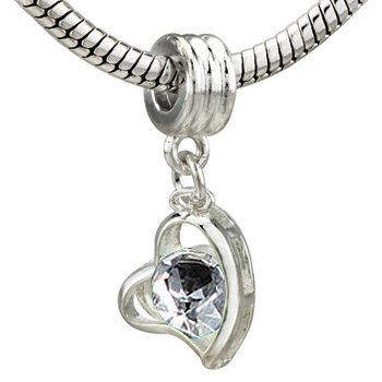 Hanging silver heart bead with stunning White Diamond April Swarovski Crystal includes 7.5\