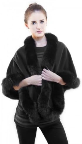 Pure Cashmere Cape with Fox Fur Trim Black