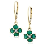 14k Yellow Gold Diamond and Emerald Floral Dangle Lever Back Earrings