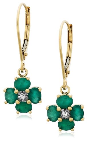 14k Yellow Gold Diamond and Emerald Floral Dangle Leverback Earrings