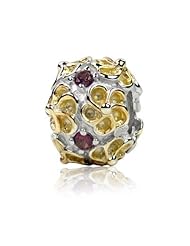 Sterling Silver and 18k Yellow Gold Accent Flowers with Garnet Gemstones Charm, Fits Pandora and All Brands Charm Bracelets and Necklaces.