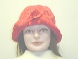 Ht24, Hand Crocheted Red Chenille and Gimp Tweed Floppy Hat with One Red Rose for Women and Teens