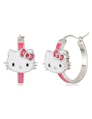 Hello Kitty by Simmons Jewelry Co. Enamel Face and Red Enamel Bow Girls Hoop Earrings