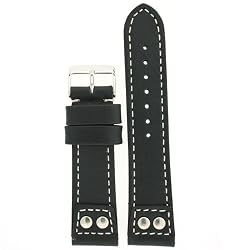 Genunie Leather Pilot Style Watch Band 22mm Black with White Stitching