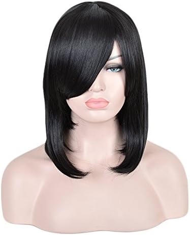 Andao 16 Inches Anime Attack On Titan Mikasa Ackerman Cosplay Costume Wig Medium Black Layered LOB + A Free Wig Cap AD3087