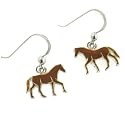 Small Brown Enameled Striding Running Horse Sterling Silver Dangling Hook Earrings