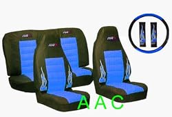 A Set of Universal-fit Type X Racing Style Front Bucket Seat Covers, Bench Seat Cover, Steering Wheel Cover and Shoulder Strap Cover - Blue