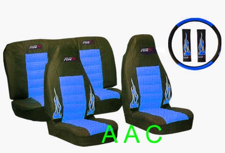 A Set of Universal-fit Type X Racing Style Front Bucket Seat Covers, Bench Seat Cover, Steering Wheel Cover and Shoulder Strap Cover - Blue