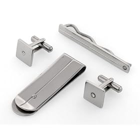 Stainless steel set of cufflinks, tie slide and money clip with crystal accent by For the Cuff