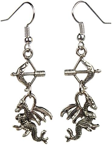 Silvertone Winged Dragon, Bow and Arrow Dangle Earrings, 2 Inches (50.8 Millimeters) Long