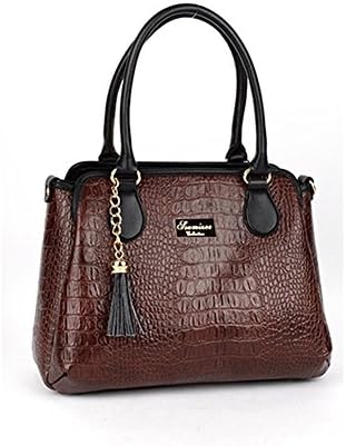 dearWYW Women Luxury Crocodile Pattern Leather Top-Handle Tote Bag (Brown)