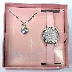 Tikkers - AKG-04 - Montre Rose pour Fille Sertie de Diamant et Pendentif en Coeur
