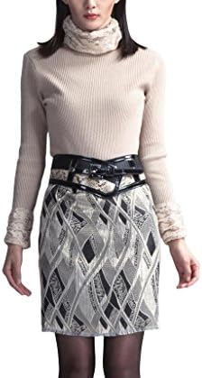 Parabuy Women's High Lace Neck Belted Vintage Above-knee Dress, Beige, One Size