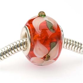 Murano Style Glass Lampwork Bead Fits Pandora Siam Red W/Flowers 14mm (1)
