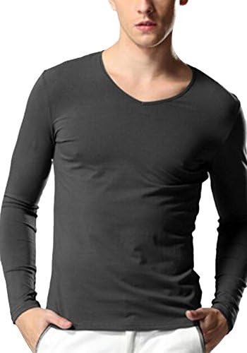 SHIRTQA Mens Casual Long Sleeves Base Shirt Slim V-Neck Undershirt (L, Deep Gray)