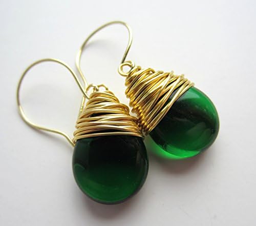 Dark Green Earrings Wire Wrapped Czech Glass Tear Drops Gold Tone